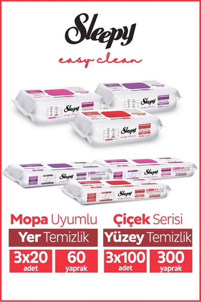 Sleepy Easy Clean Çiçek Serisi 3X100 Yüzey, 3X20 Yer Temizlik Havlusu Karma Paket ürün görseli 1