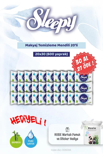 30 AL 27 ÖDE 20'li Sleepy Makyaj Temizleme Mendili ve Rosie Bebek pamuğu ürün görseli 1
