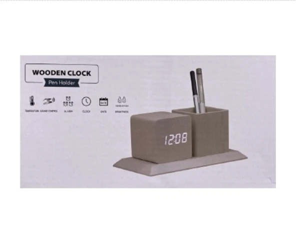 Wooden Clock Masaüstü Ahşap Kalemlikli Dijital Saat ürün görseli 1
