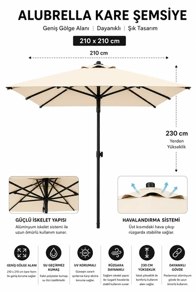 Alubrella Güneş Şemsiyesi Kare, 210 CM, Krem Rengi Su Geçirmez Kumaş, Bidonsuz ürün görseli 1