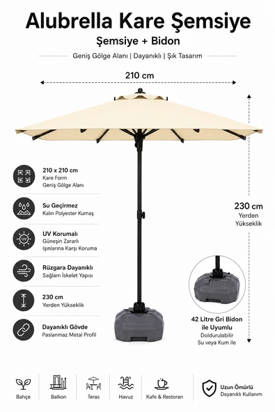 Alubrella Krem Güneş Şemsiyesi Kare, 210/210 8 telli, Su Geçirmez Kumaş, Bidonlu ürün görseli 1