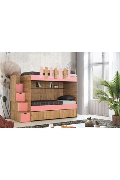 Güven Mobilya 90*190 Okyanus 3 Yataklı Ceviz / Pembe Kiwi Ranza ürün görseli 1