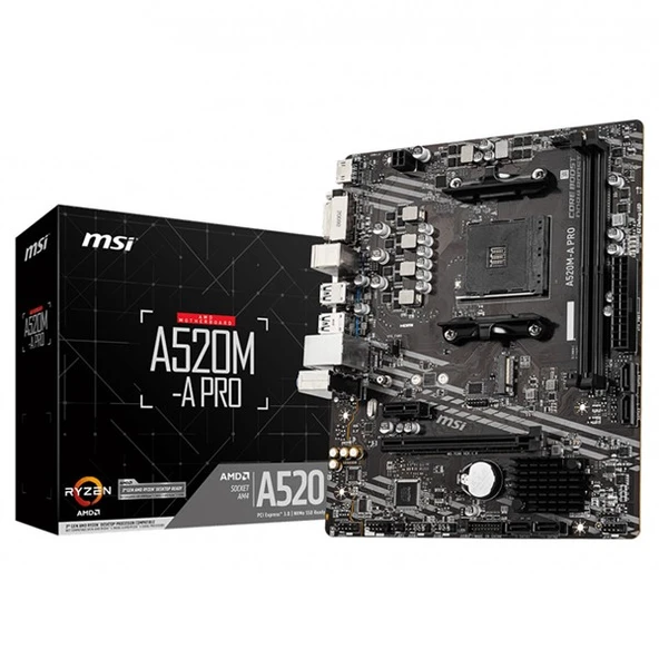 MSI A520M-A PRO DDR4 M2 PCIe NVME HDMI DVI PCIe 16X v3.0 AM4 mATX ürün görseli 1