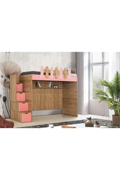 Güven Mobilya 90x190 Okyanus Tek Yataklı Ceviz / Pembe Ranza ürün görseli 1