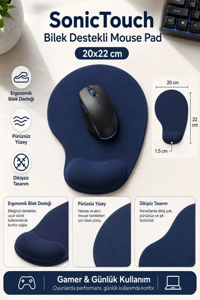 SonicTouch Bilek Destekli Mouse Pad 20x22cm Lacivert Damla Tipi Pürüzsüz Yüzey Dikişsiz Gamer Oyuncu ürün görseli 1