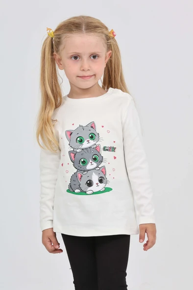 Toontoy Kız Çocuk Üçlü Kedi Baskılı Sweatshirt ürün görseli 1