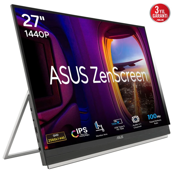 ASUS ZenScreen MB27ACF 27 IPS 2560x1440 5ms 100Hz 300cd HDMI USB Hoparlör VESA 3YIL 99% Srgb TASIMA KOLU/AYAK STAND TASARIM PD 70W PIVOT TASINABILIR MONITÖR ürün görseli 1