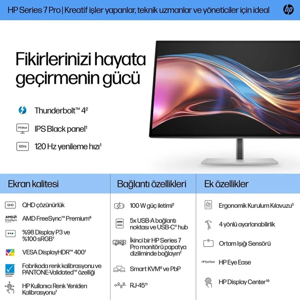 HP 27 8J9E6UT 727PU 7 PRO QHD 2560 x 1440 1xHDMI 1xDP THUNDERBOLT 4 MONITOR ürün görseli 1