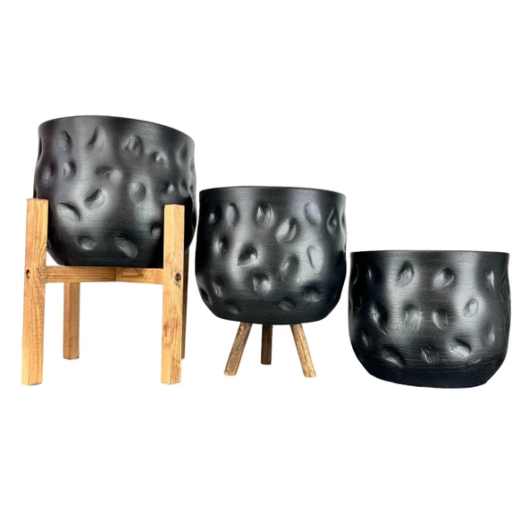 Bitki Tasarımı Ev Dekorasyon Aksesuar Siyah Desenli Toprak Saksı Saksılık Salon Çiçeklik Üçlü Set 19 CM ürün görseli 1