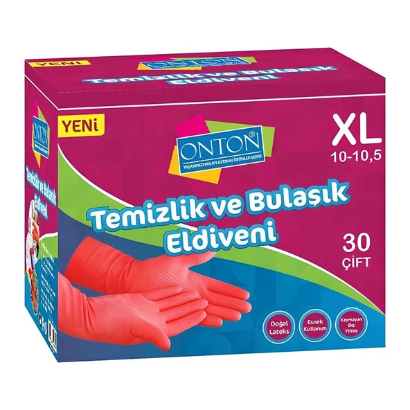 Onton Bulaşık ve Temizlik Eldiveni 30 Çift XL (10-10,5) Kırmızı Lateks ürün görseli 1