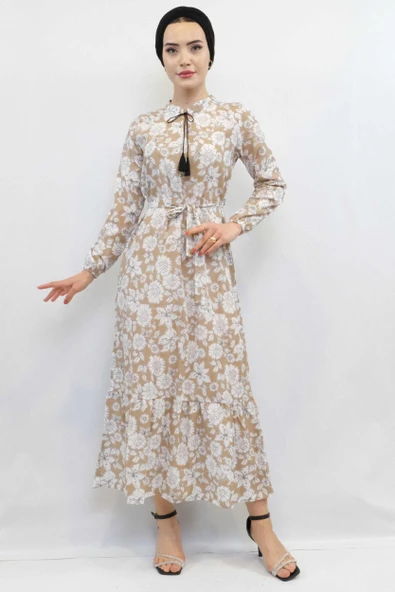 Moda Çizgi Çiçek Desenli  Pileli Elbise Bej - Resim 4