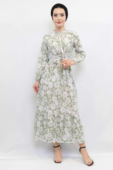 Moda Çizgi Çiçek Desenli  Pileli Elbise Mint - Resim 5
