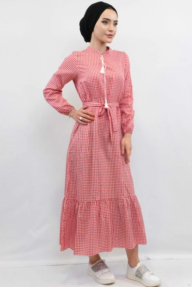 Moda Çizgi Ekose Elbise Kırmızı - Resim 5