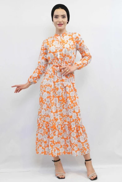 Moda Çizgi Çiçek Desenli  Pileli Elbise Turuncu ürün görseli 1