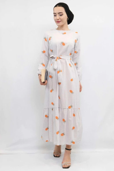Moda Çizgi Desenli Elbise Turuncu - Resim 4