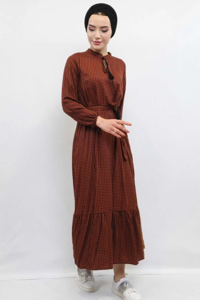 Moda Çizgi Ekose Elbise Kiremit - Resim 2