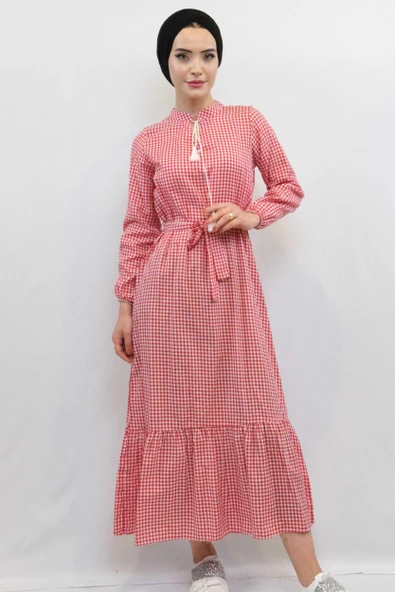 Moda Çizgi Ekose Elbise Kırmızı ürün görseli 1