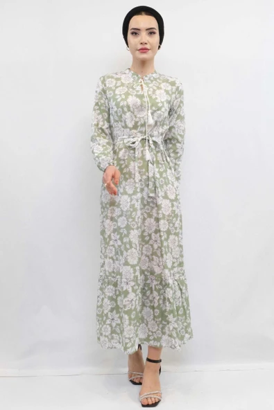 Moda Çizgi Çiçek Desenli  Pileli Elbise Mint - Resim 4