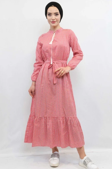 Moda Çizgi Ekose Elbise Kırmızı - Resim 4