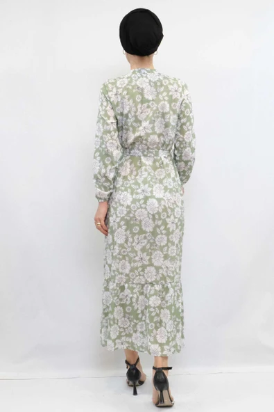 Moda Çizgi Çiçek Desenli  Pileli Elbise Mint - Resim 2