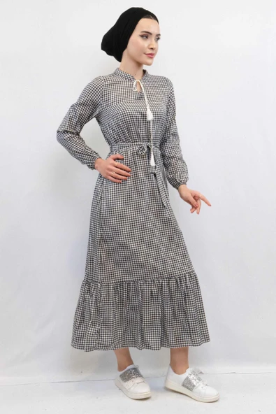 Moda Çizgi Ekose Elbise Siyah - Resim 4