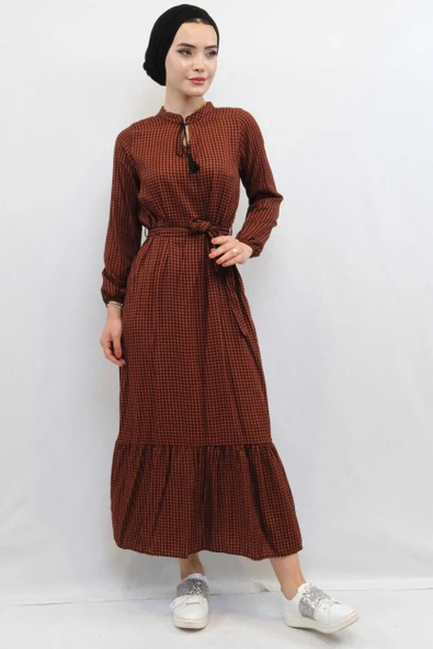 Moda Çizgi Ekose Elbise Kiremit - Resim 5
