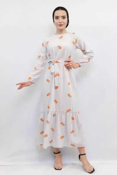 Moda Çizgi Desenli Elbise Turuncu ürün görseli 1