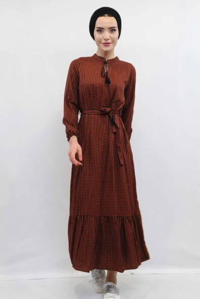Moda Çizgi Ekose Elbise Kiremit ürün görseli 1