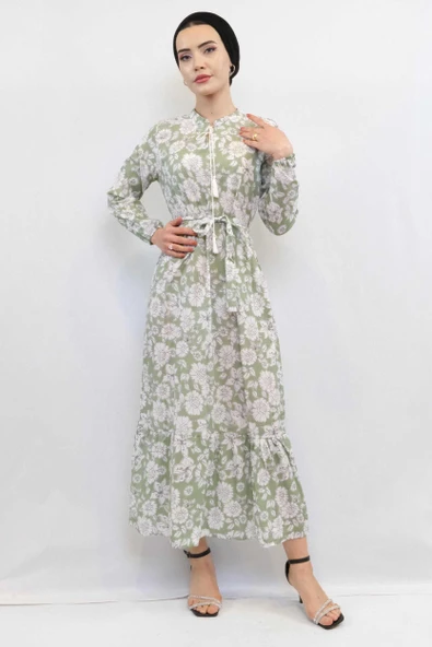 Moda Çizgi Çiçek Desenli  Pileli Elbise Mint ürün görseli 1