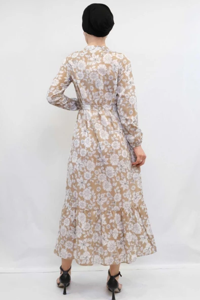 Moda Çizgi Çiçek Desenli  Pileli Elbise Bej - Resim 3