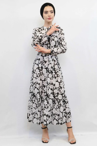 Moda Çizgi Çiçek Desenli  Pileli Elbise Siyah ürün görseli 1