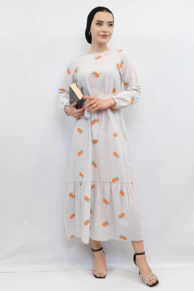 Moda Çizgi Desenli Elbise Turuncu - Resim 3
