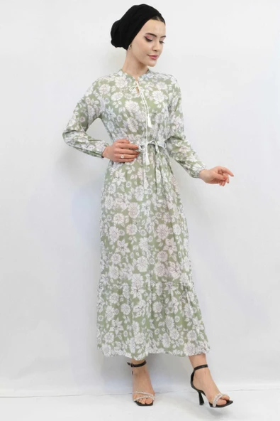 Moda Çizgi Çiçek Desenli  Pileli Elbise Mint - Resim 3