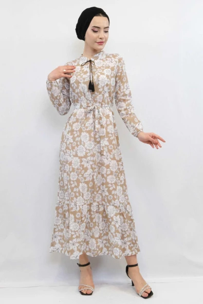 Moda Çizgi Çiçek Desenli  Pileli Elbise Bej ürün görseli 1