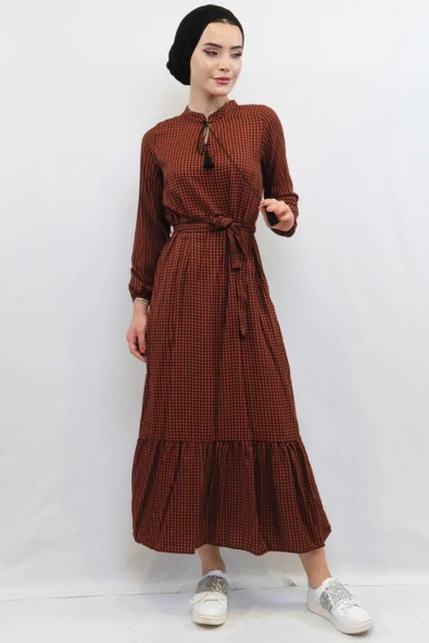 Moda Çizgi Ekose Elbise Kiremit - Resim 4