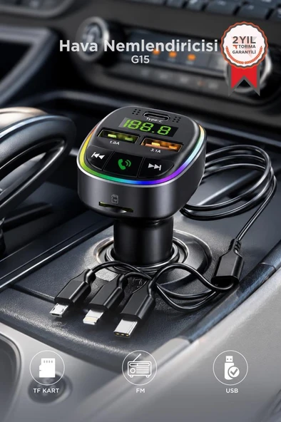 Transmitter Usb Type-C Tf Kart Destekli Hızlı Araç Şarj Cihazı Fm 18W G15 Siyah ürün görseli 1