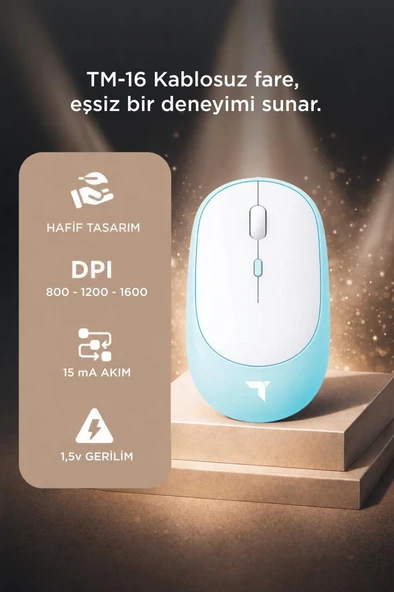 Mouse Çift Modlu Sessiz Kablosuz Fare TM16 Mavi - Resim 3