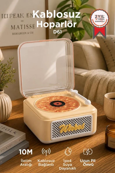 Bluetooth Hoparlör Nostaljik Plak Görünümlü Işıklı AUX TF Destekli Speaker D61 Sarı ürün görseli 1