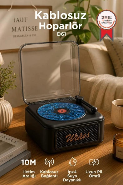 Bluetooth Hoparlör Nostaljik Plak Görünümlü Işıklı AUX TF Destekli Speaker D61 Siyah ürün görseli 1