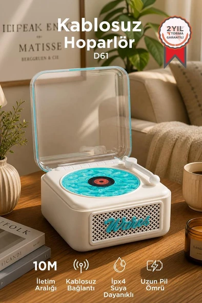 Bluetooth Hoparlör Nostaljik Plak Görünümlü Işıklı AUX TF Destekli Speaker D61 Beyaz ürün görseli 1