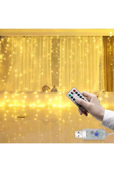 MENFRY Tel Perde LED 3x3 10 Saçaklı 300 LED Kumandalı Işık USB Girişli ürün görseli 1