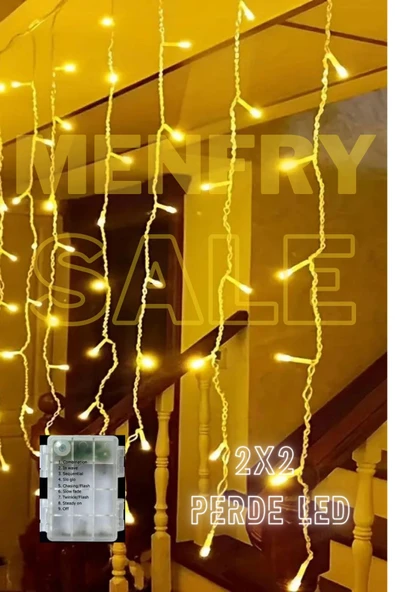 MENFRY 2x2 Pilli 8 Fonksiyonlu 200 Led 10 Saçak Şerit Led Perde Led İp Led Sarı ışık ürün görseli 1