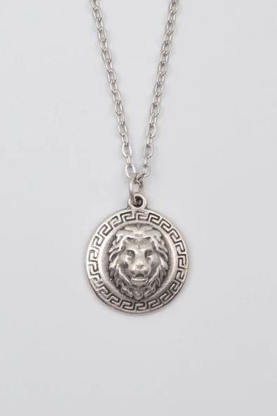 Kabartmalı Aslan Madalyon Kolye - Düz Ezme İthal Zincirli Unisex Gümüş Kaplama - 60 cm ürün görseli 1