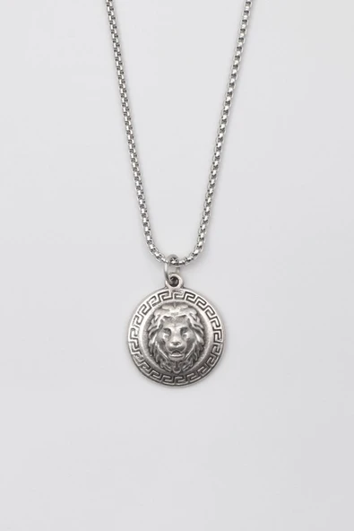 Kabartmalı Aslan Madalyon Kolye - Örme İthal Zincirli Unisex Gümüş Kaplama - 60 cm ürün görseli 1