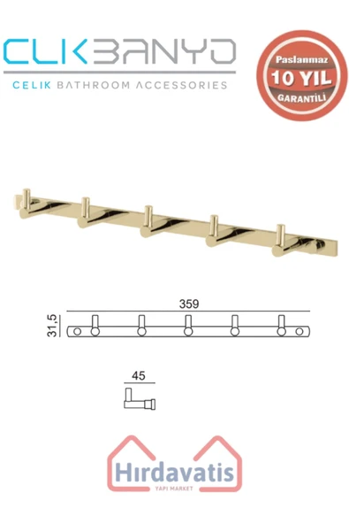 ÇELİK BANYO Paslanmaz Pirinç Mercan 5’li Askılık Altın Sarı Gold ürün görseli 1
