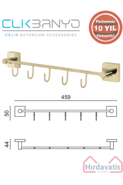 ÇELİK BANYO Paslanmaz Pirinç Vizyon Kanca 5’li Askılık Altın Sarı Gold ürün görseli 1