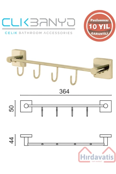 ÇELİK BANYO Paslanmaz Pirinç Vizyon Kanca 4’lü Askılık Altın Sarı Gold ürün görseli 1
