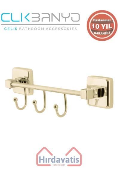 ÇELİK BANYO Paslanmaz Pirinç Kumru Kancalı 3’lü Askılık Altın Sarı Gold ürün görseli 1