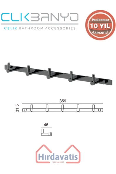 ÇELİK BANYO Paslanmaz Pirinç Mercan 5’li Askılık Mat Siyah ürün görseli 1