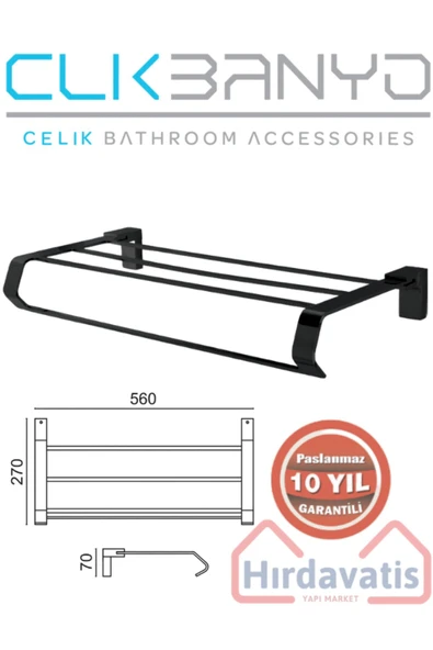 ÇELİK BANYO Paslanmaz Pirinç Titanik Raf Havluluk 50cm Pirinç Malzeme ( 10 Yıl Garantili ) Mat Siyah ürün görseli 1